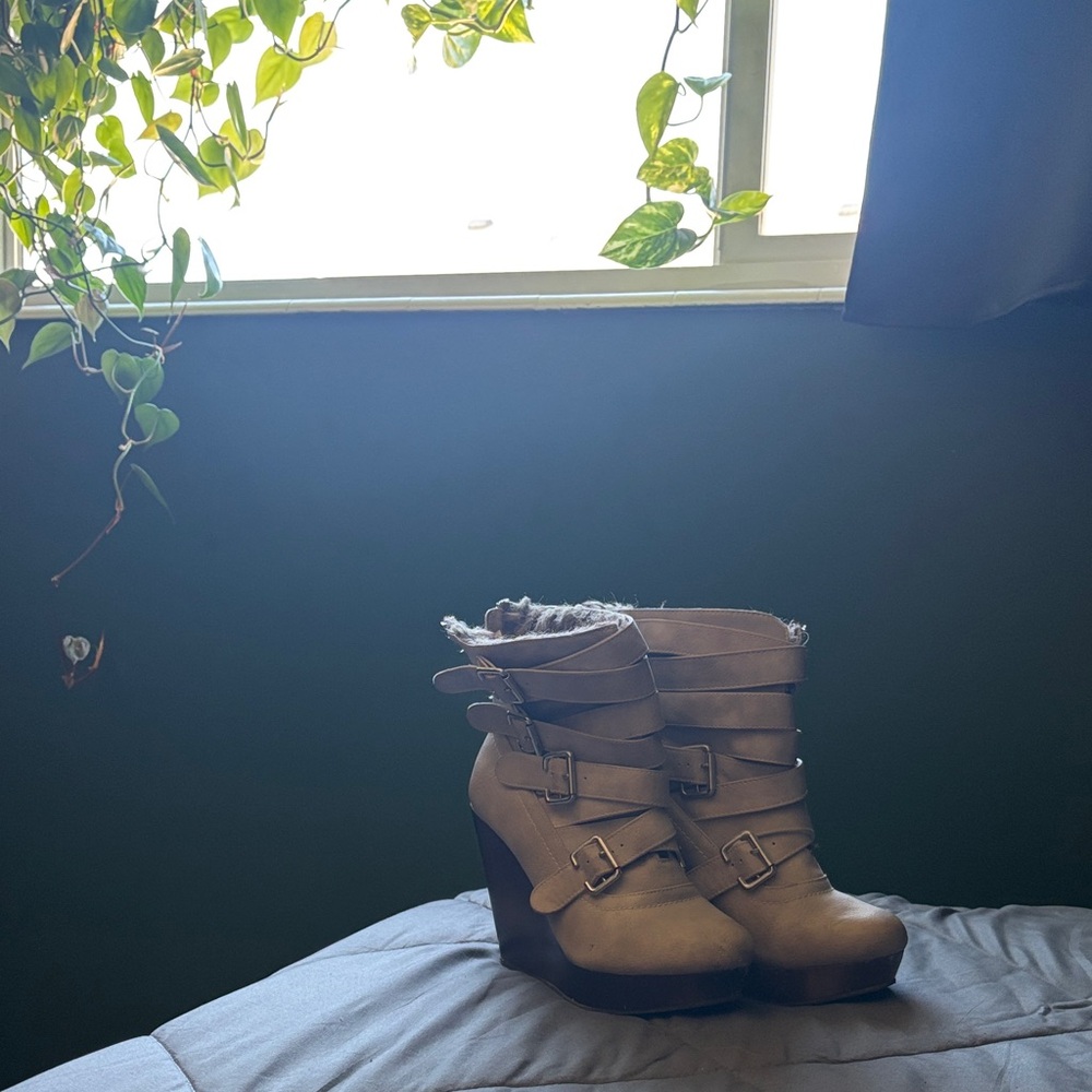 Not Rated Women's Tan Heeled Boots with Buckles